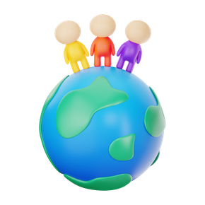 Three colorful figures standing on top of a blue-green globe