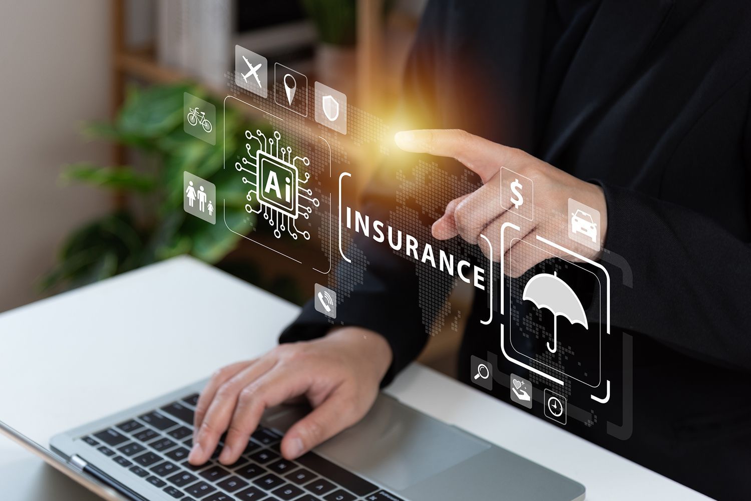 Person using laptop with AI and insurance icons overlaid.