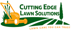 Logo for Cutting Edge Lawn Solutions, featuring an orange lawnmower, green grass, a tree, and text: 