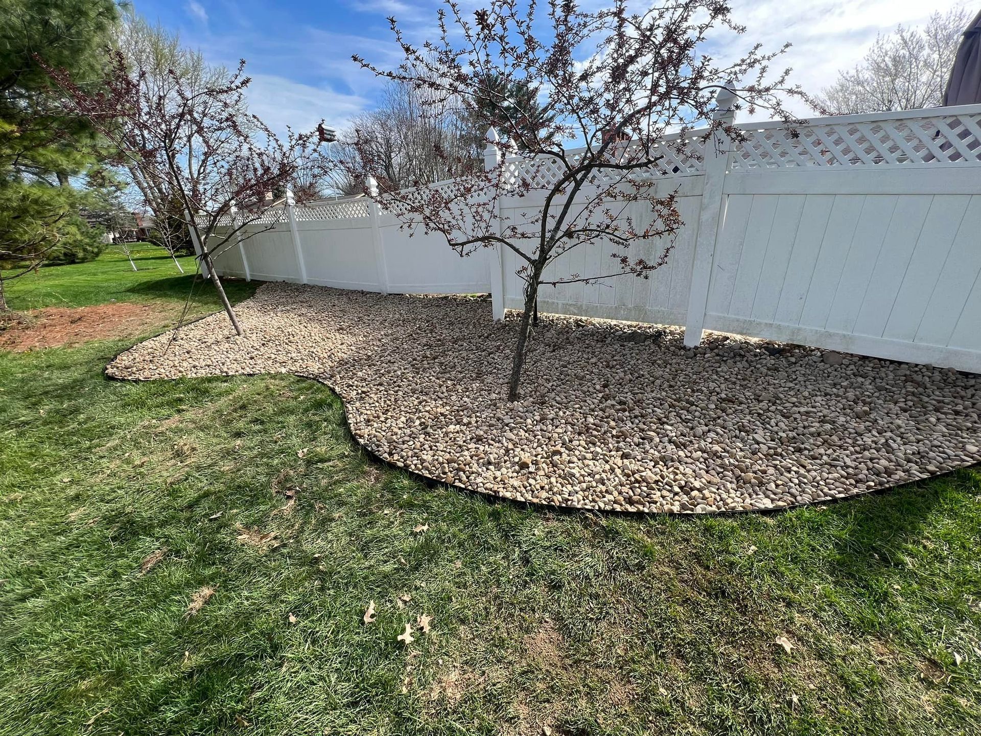 Yard with a rock bed bordered by black edging along a white fence and grass. A small tree grows in the rocks.