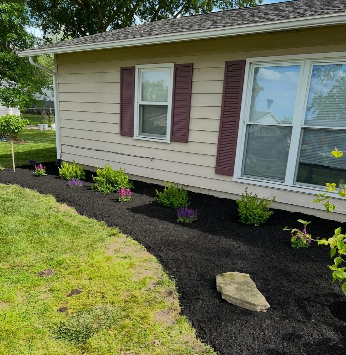 Tan house with maroon shutters and black mulch flowerbed; green grass, purple flowers.