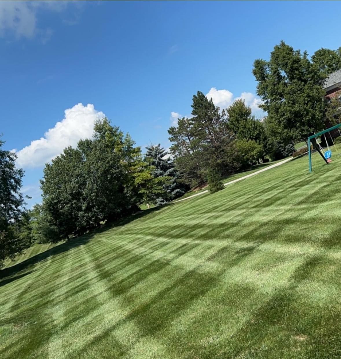 Lawn mowed in a striped pattern on a sunny day, blue sky with puffy clouds.