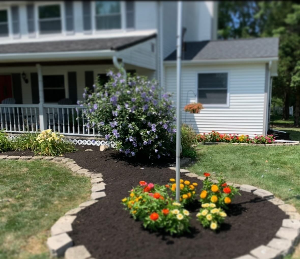 A landscaped yard with a path of mulch leading to a bush and flowers, a white house in the background.