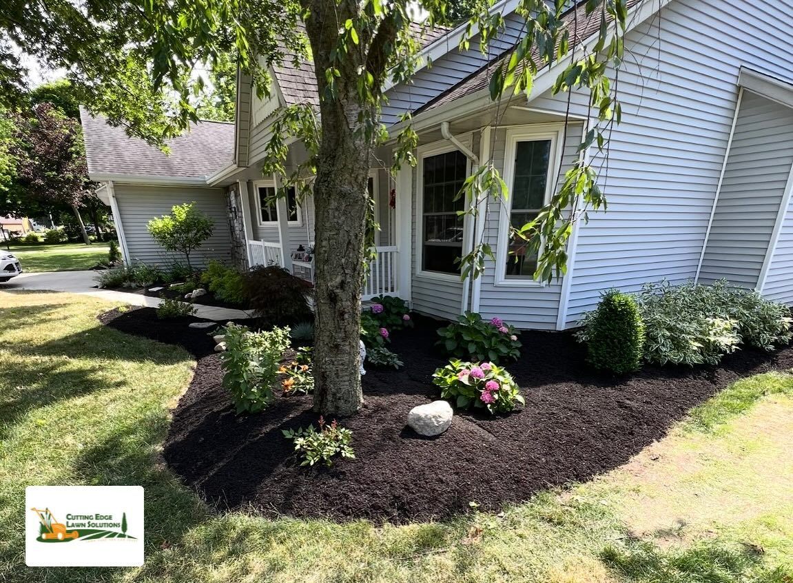 Landscaped house front with dark mulch, green grass, and flowering bushes.