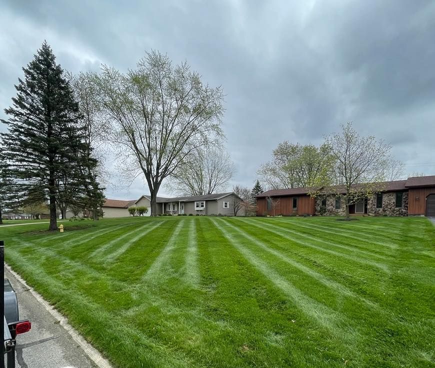 Green lawn with striped mowing pattern in front of a house on a cloudy day. Trees and other houses are in the background.