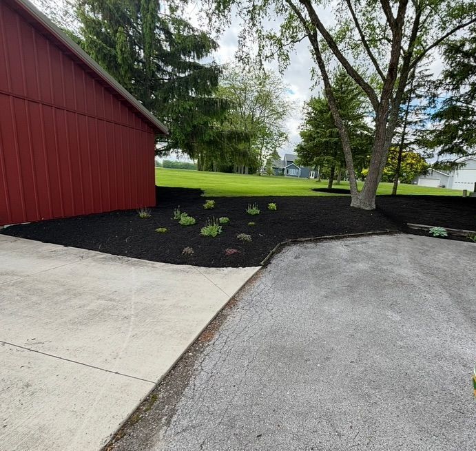Red barn beside dark mulch flower bed and gray driveway.