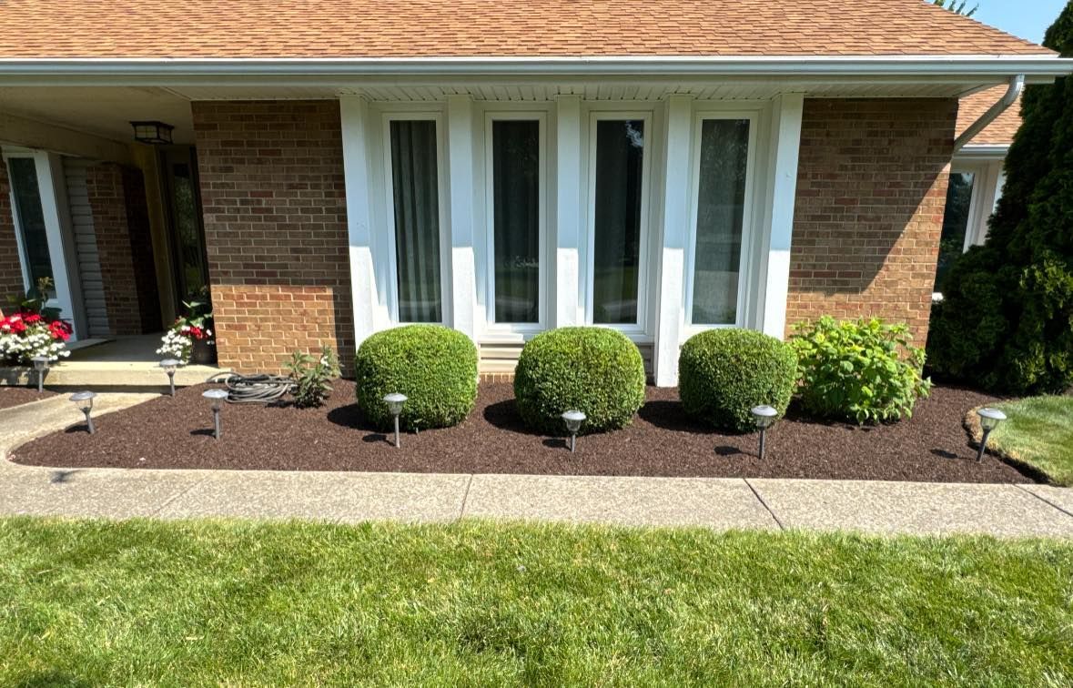 Brown brick house with white framed windows, green shrubbery, dark mulch, and a green lawn.