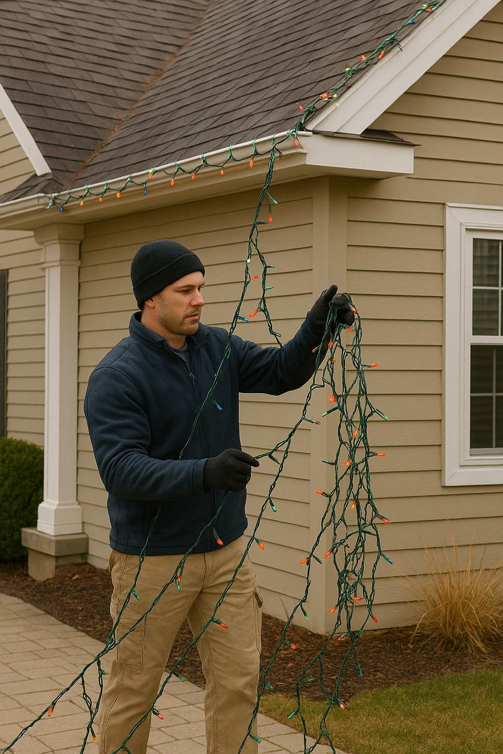 Man in black hat and gloves hangs Christmas lights on a house's roof edge.