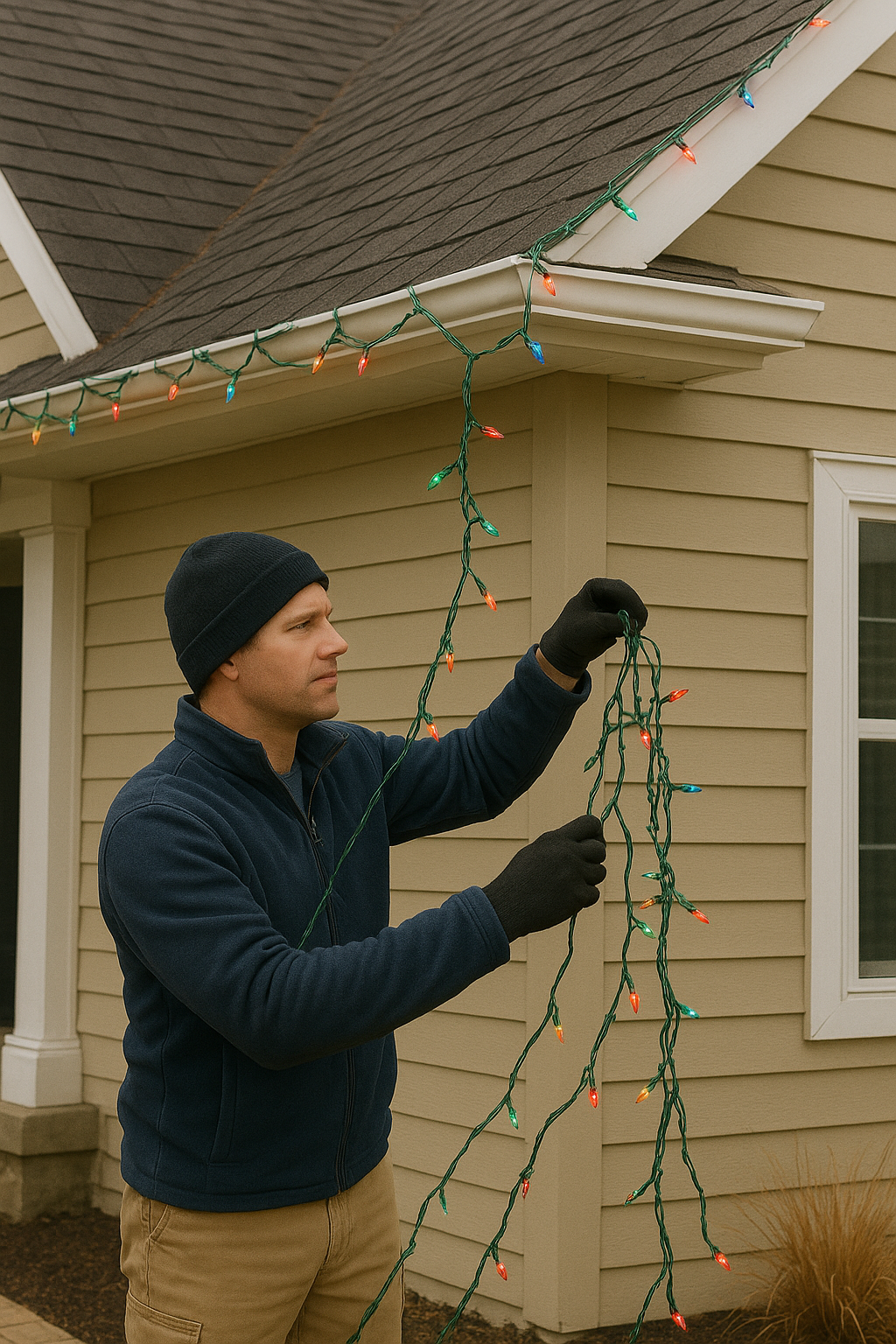 Man in winter gear hanging Christmas lights on a house.