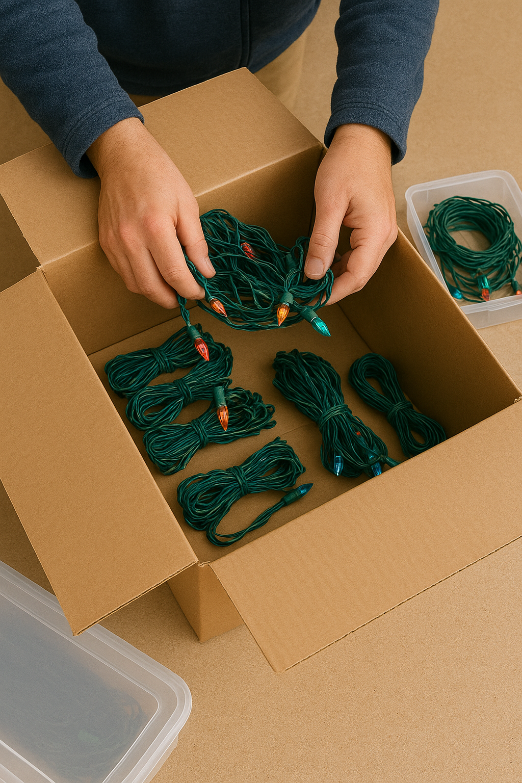 Person packing green Christmas lights into a cardboard box for storage.