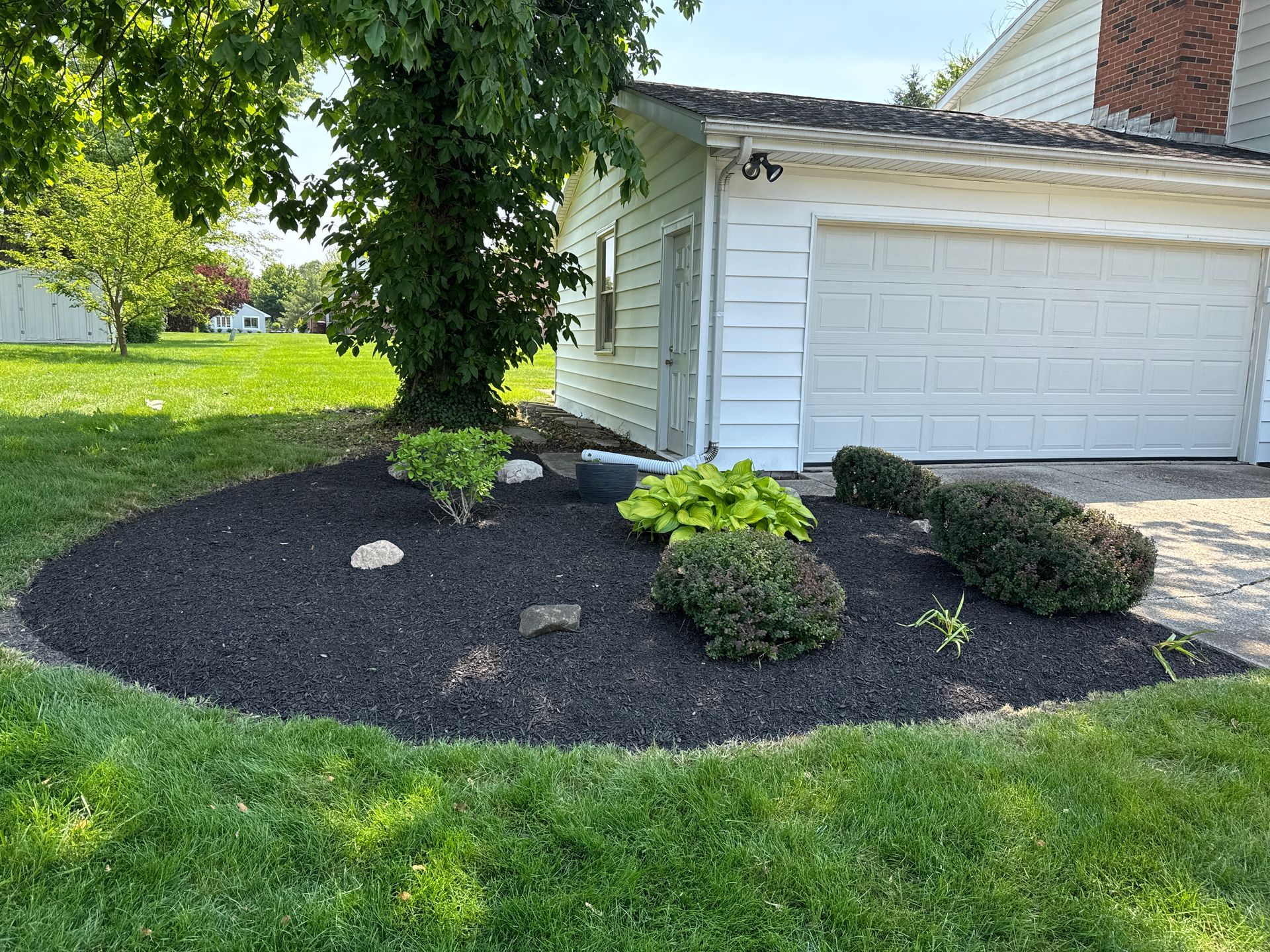 A landscaped flower bed with dark mulch and green plants next to a white garage.