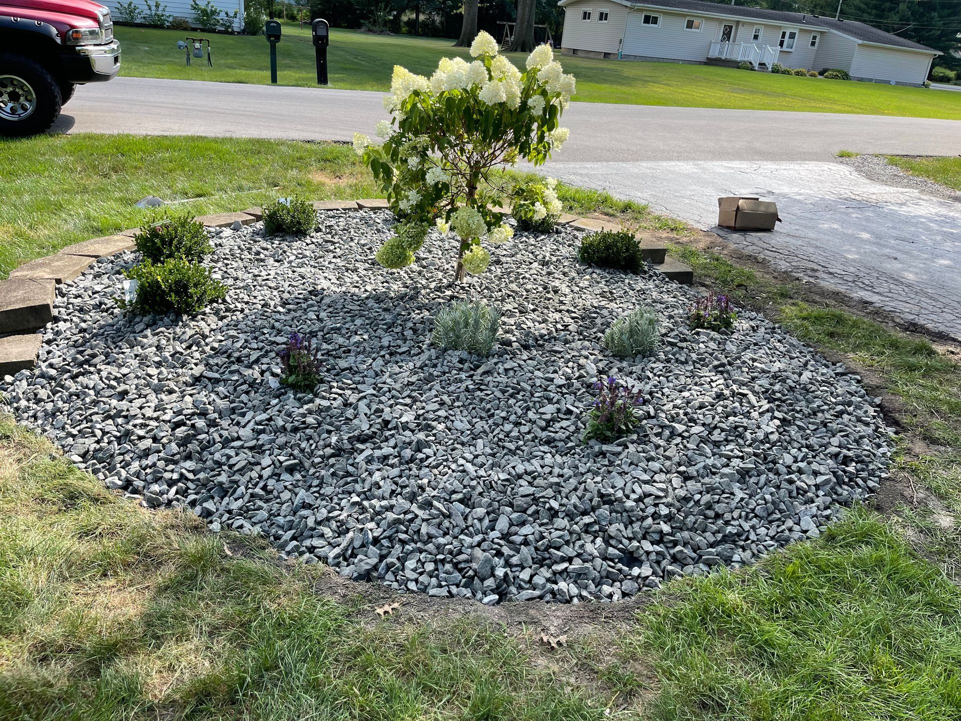 Circular rock garden with blooming white hydrangea, small green shrubs, and purple flowers.
