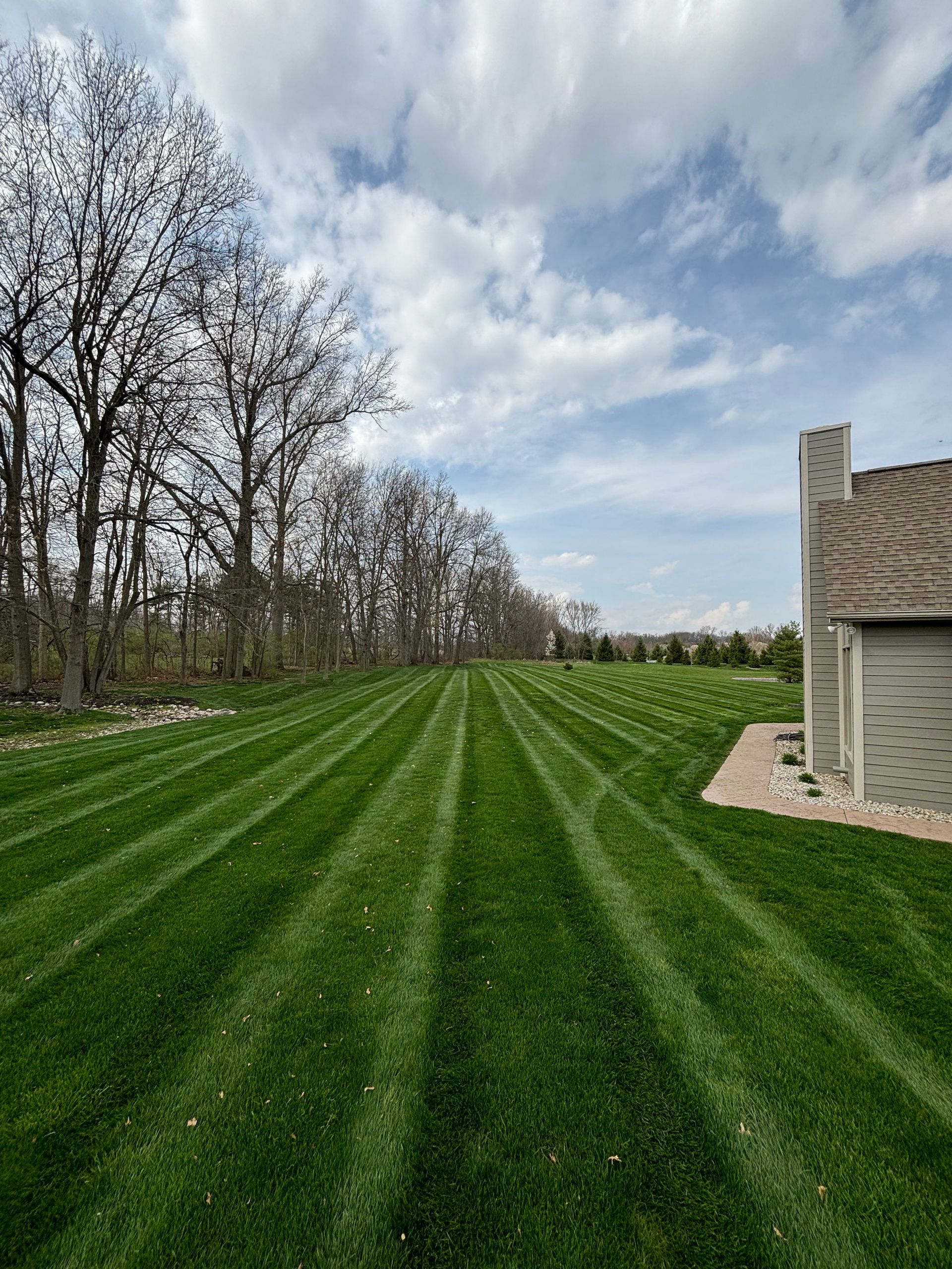 Lawn with freshly cut stripes, trees on the left, a house on the right, and a partly cloudy sky.