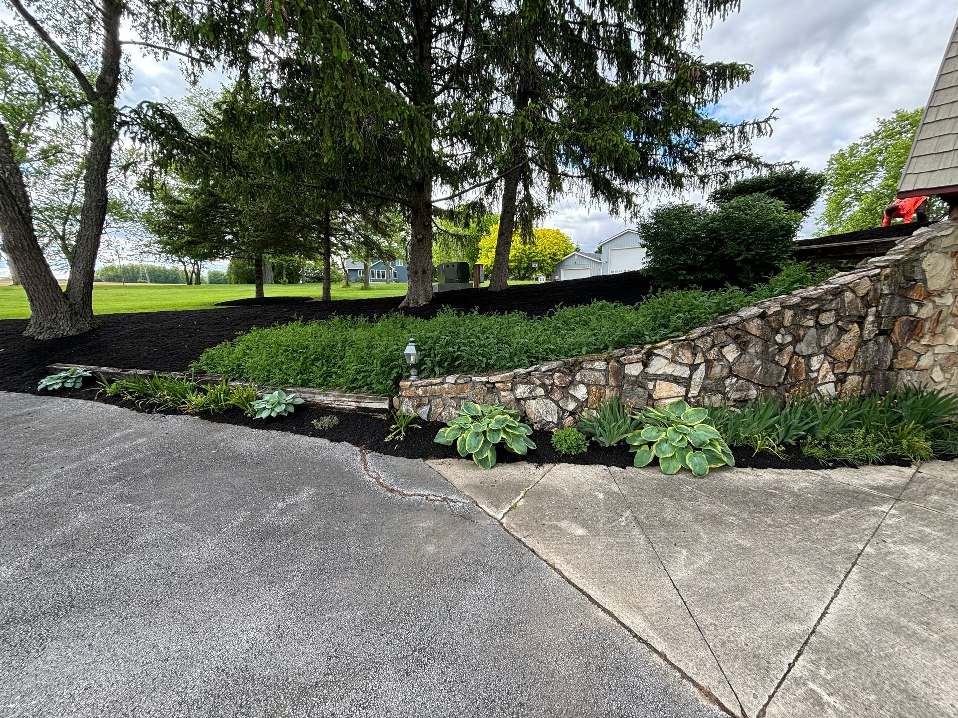 Stone retaining wall with dark mulch, green plants, and a driveway.