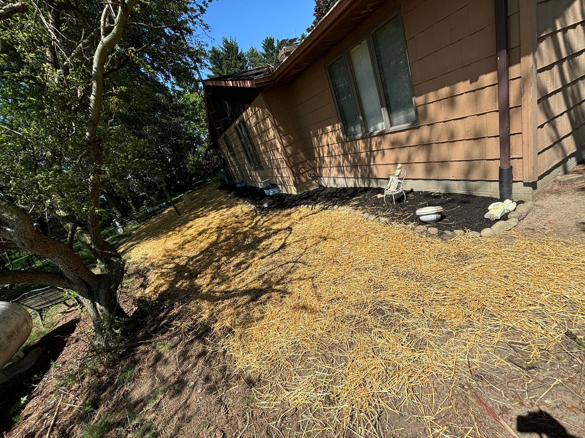 A brown house with a sloped yard covered in golden wood chips.