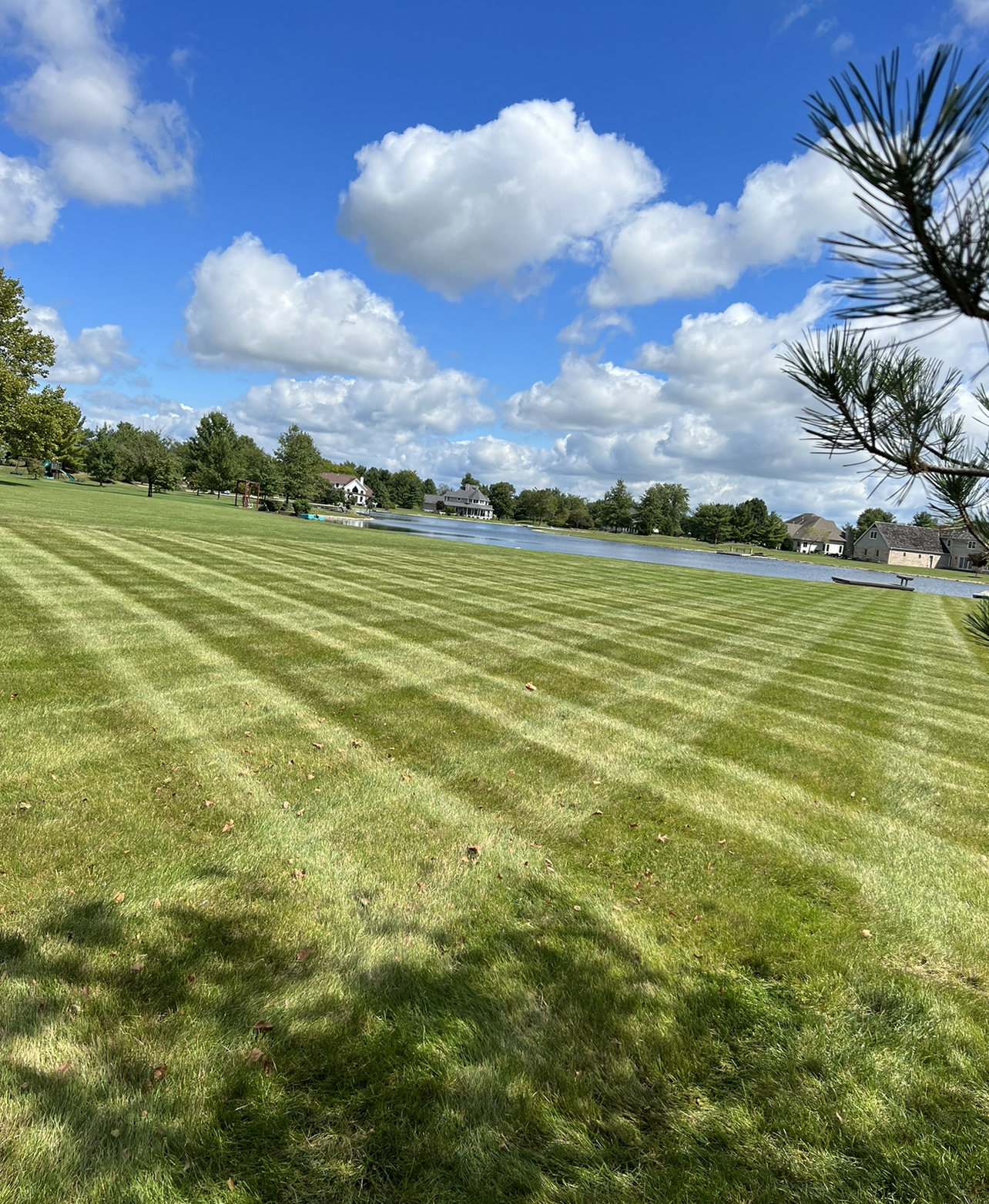 Lawn with striped mowing pattern, lake, trees, and cloudy blue sky.