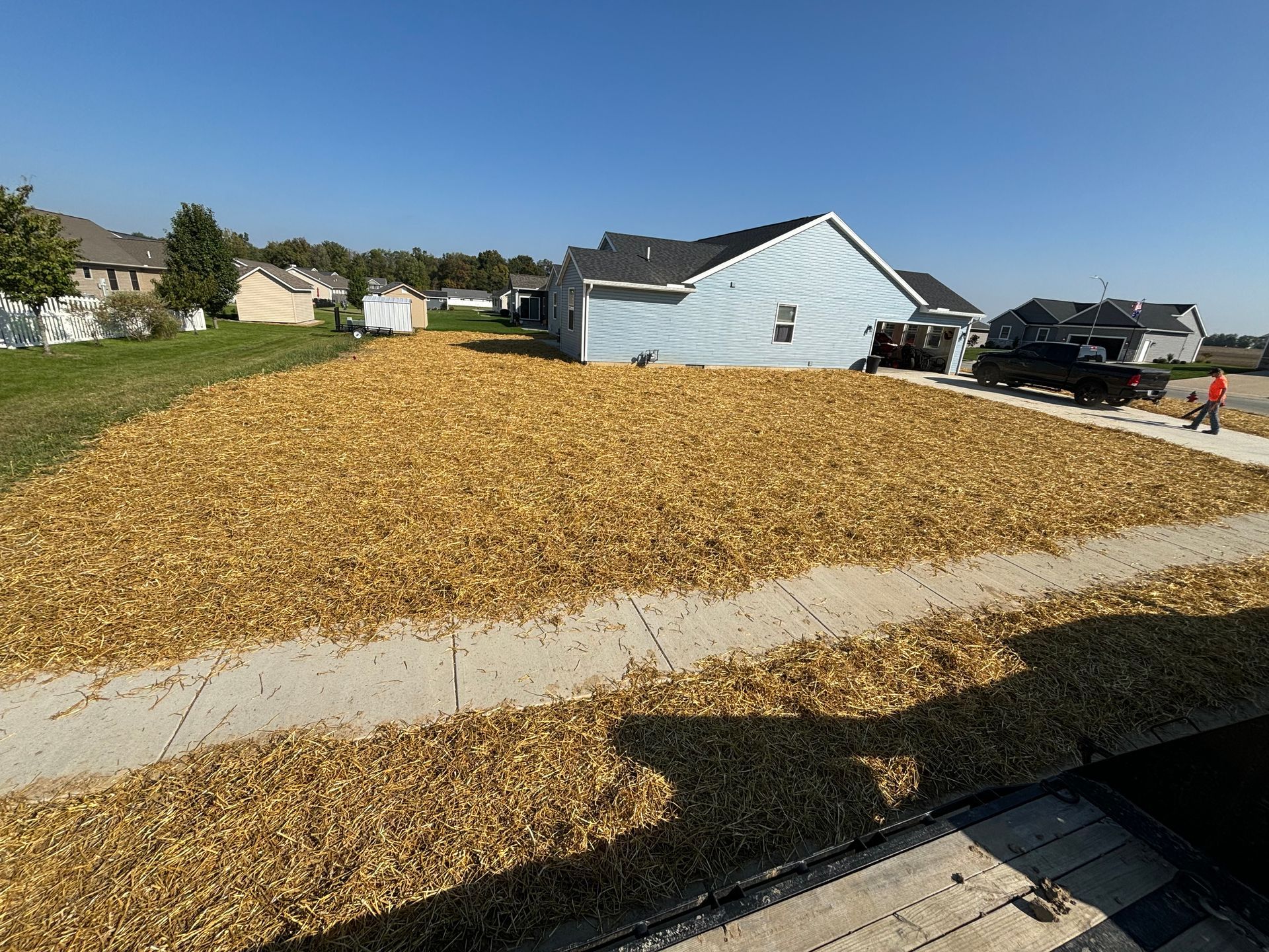 A yard covered in wood chips; a house in the background; a person on the right.