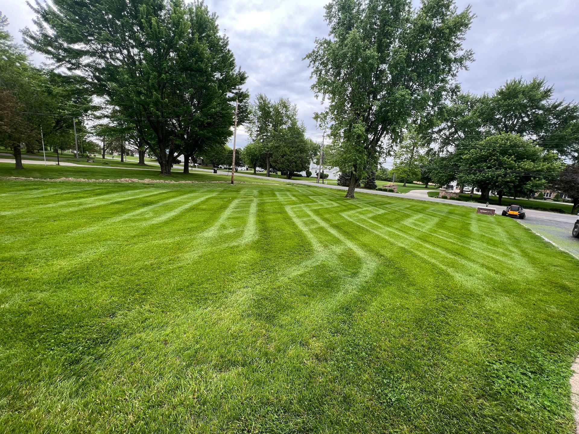 Green lawn with decorative mowing patterns, trees, and overcast sky.