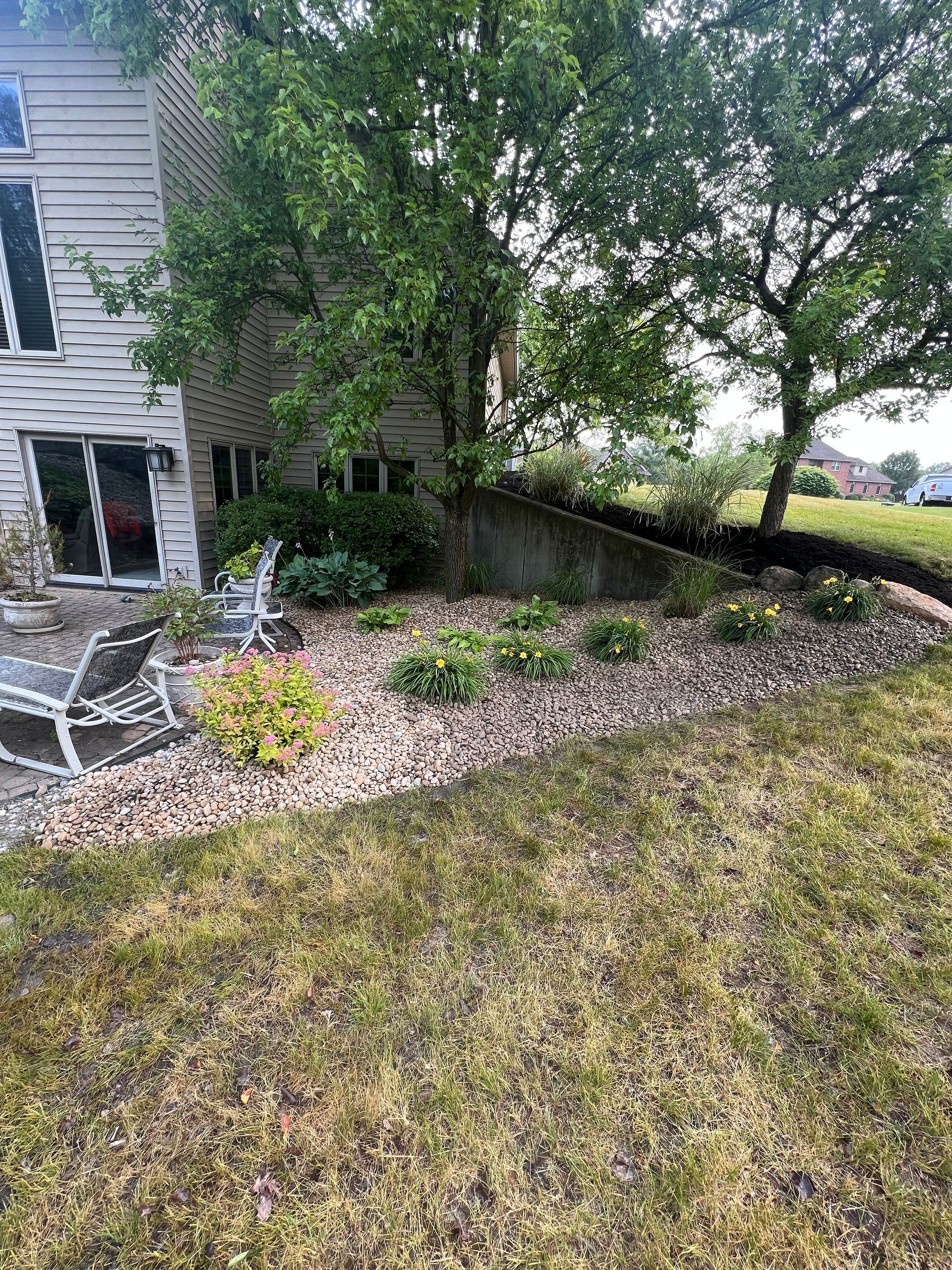 Lawn with rock bed and plants, next to a house with patio furniture and trees.