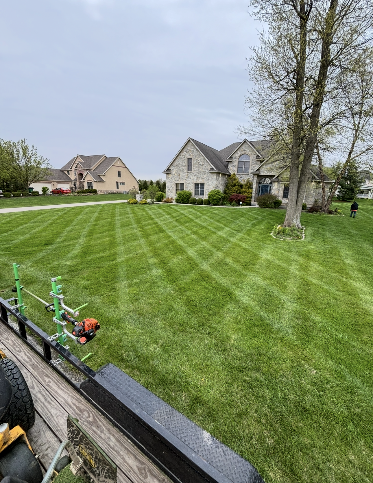 A well-manicured lawn in front of a house, striped with freshly cut lines. The cloudy sky hints at a spring day.