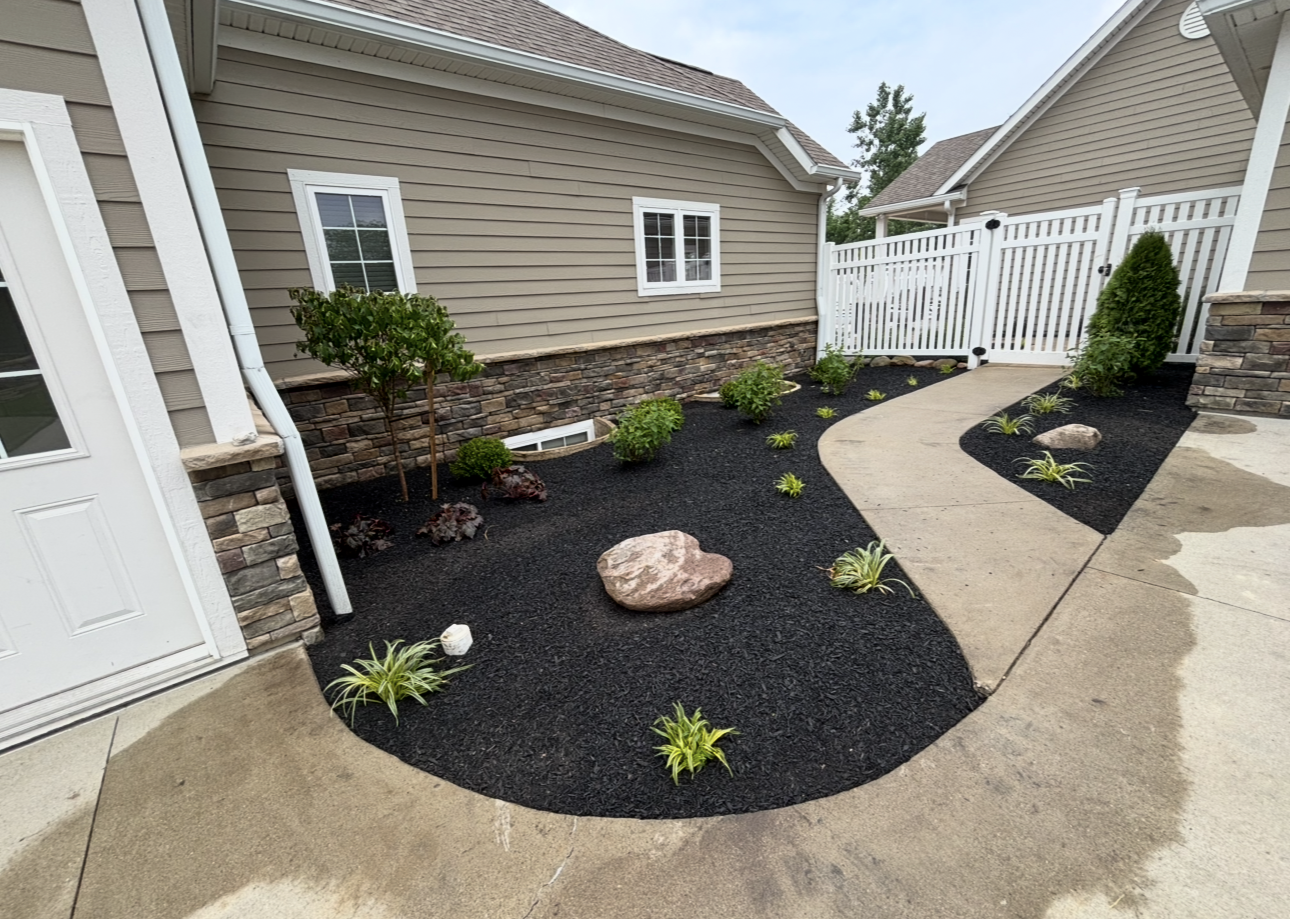 Landscaped yard with black mulch, stone, and path next to a beige house with a white fence.