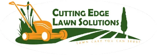 Logo for Cutting Edge Lawn Solutions, featuring an orange lawnmower, green grass, a tree, and text: 