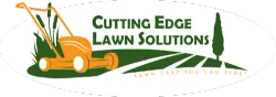 Logo for Cutting Edge Lawn Solutions, featuring an orange lawnmower, green grass, a tree, and text: 