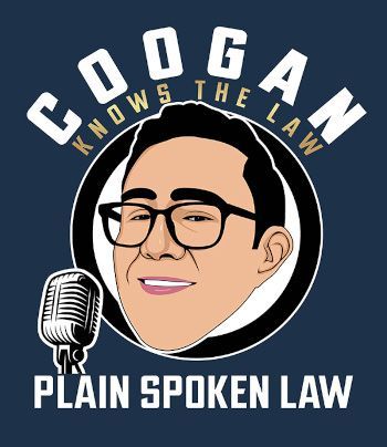 The logo for cogan knows the law plain spoken law shows a man with glasses and a microphone.
