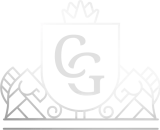 A white logo with a crown and a letter g on a white background.