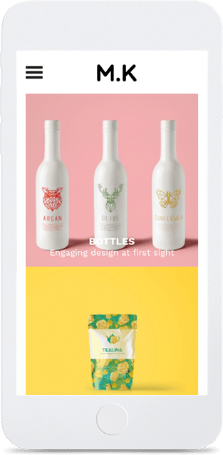 A phone screen shows three bottles of milk on a pink and yellow background.