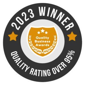 A sticker that says 2023 winner quality rating over 95 %
