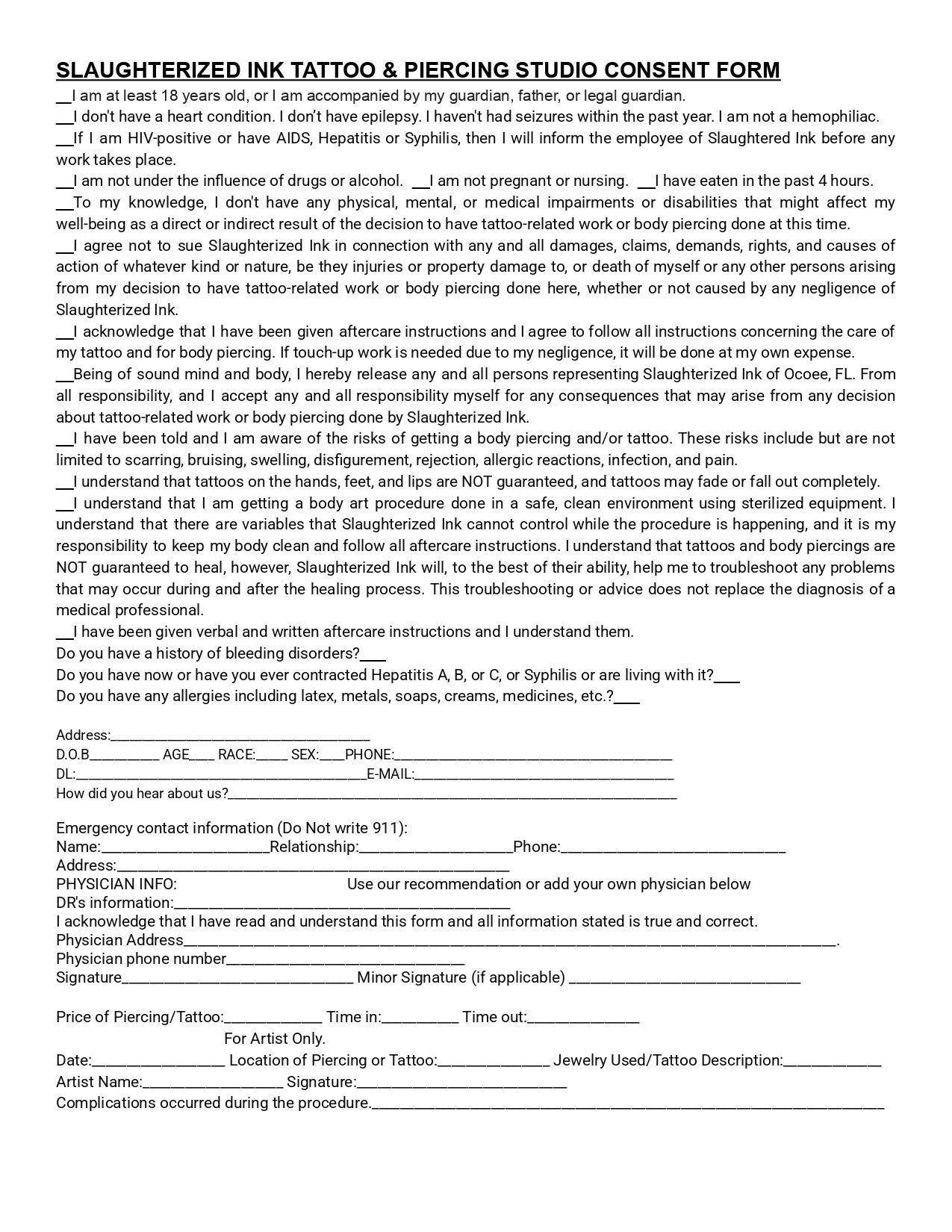 A blank tattoo consent form.