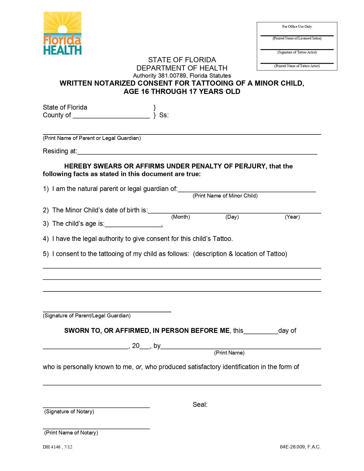 Florida Department of Health form for written consent for the treatment of a minor child, with fillable fields.