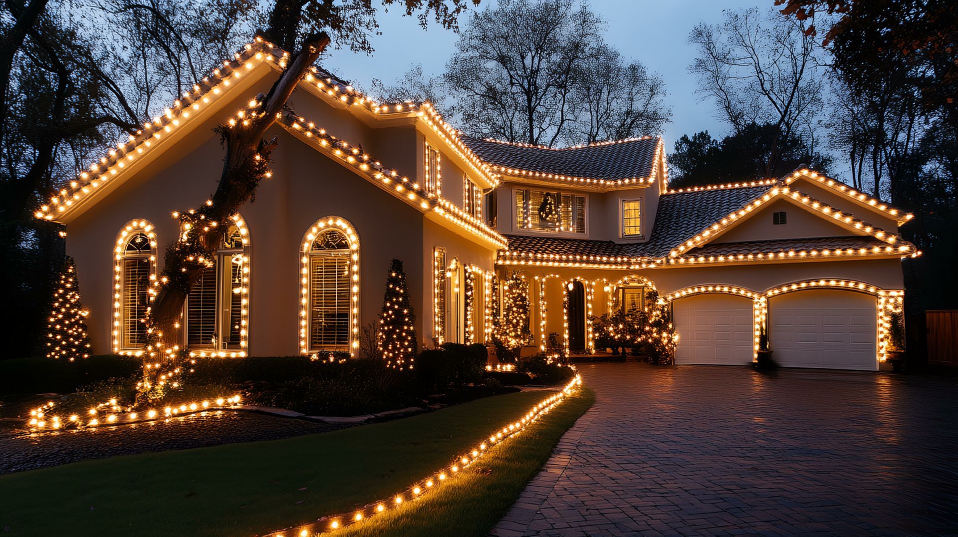house lit up with christmas lights