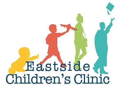 Silhouette progression: baby, child, woman, graduate; Eastside Children's Clinic logo.