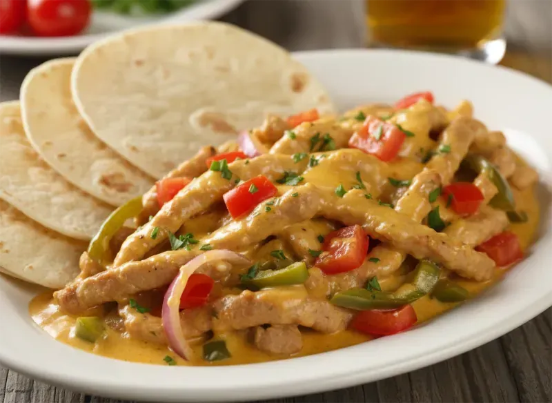 Hähnchen-Fajitas mit Tortillas, cremiger Soße und Gemüse auf einem weißen Teller.