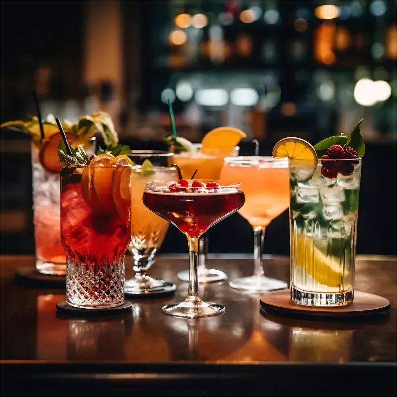 Cocktails an einer Bar, verschiedene Farben, Garnierungen und Gläser. Verschwommener Hintergrund einer Bar.