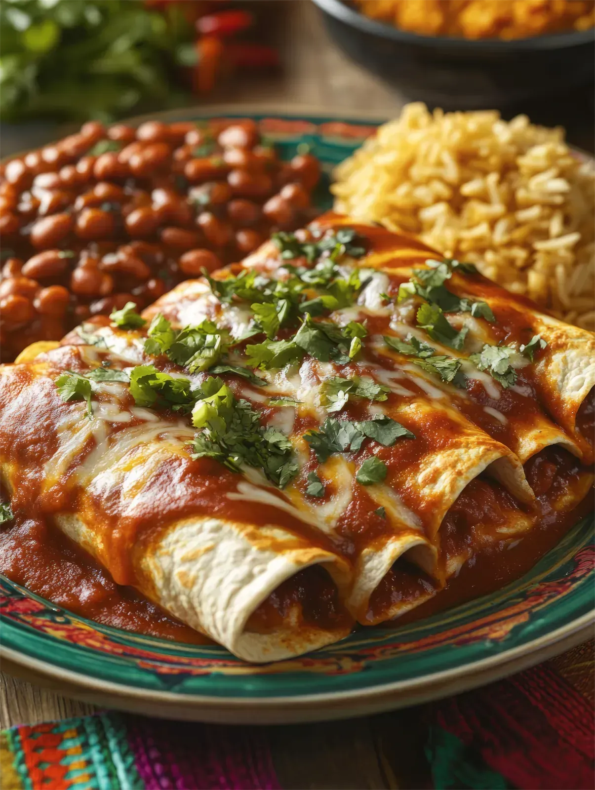 Enchiladas mit roter Soße und Käse überbacken, serviert mit Reis und Bohnen.