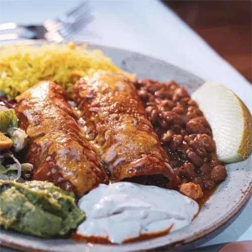 Teller mit Enchiladas, gelbem Reis, Bohnen, Guacamole und Sauerrahm.