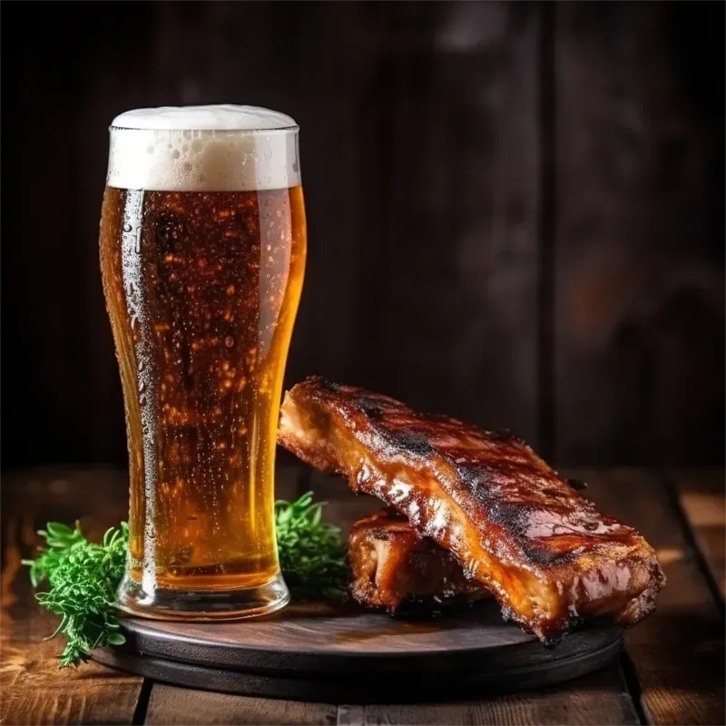 Ein Glas Bier und gegrillte Rippchen auf einem Holzbrett.