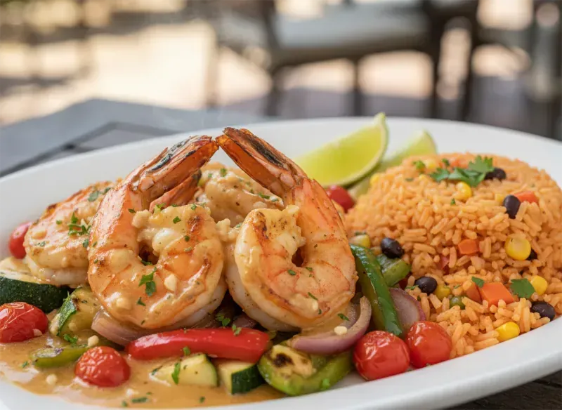 Gegrillte Garnelen mit Gemüse und Reis, garniert mit Limette.