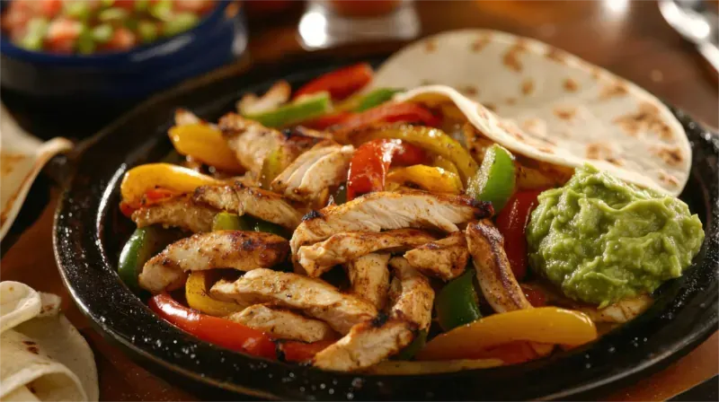 Hähnchen-Fajitas mit bunten Paprikaschoten, Guacamole und Tortillas auf einer heißen Platte.