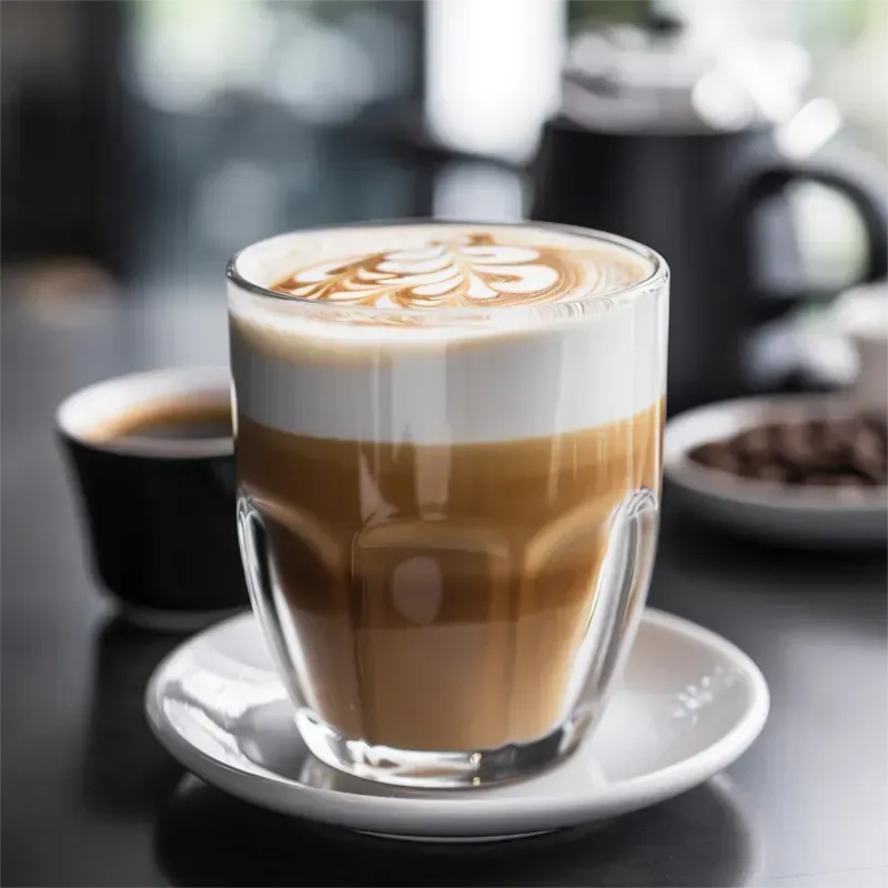 Latte Macchiato in einer Glastasse auf einer Untertasse, dazu ein Kaffeegetränk in einer schwarzen Tasse und ein Teller mit Kaffeebohnen.