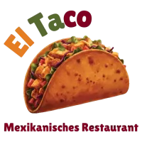 Logo für das mexikanische Restaurant El Taco: Taco gefüllt mit Essen, Schriftzug „El Taco“, Schriftzug „Mexikanisches Restaurant“.