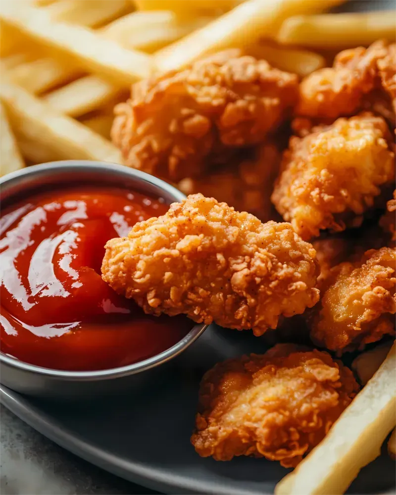 Chicken Nuggets, Pommes frites und Ketchup in einer Metallschüssel auf einem Teller.