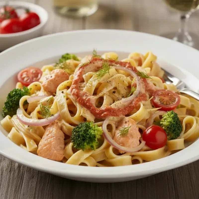 Pastagericht: Fettuccine mit Lachs, Brokkoli, Tomaten und roten Zwiebeln in einer cremigen Soße.