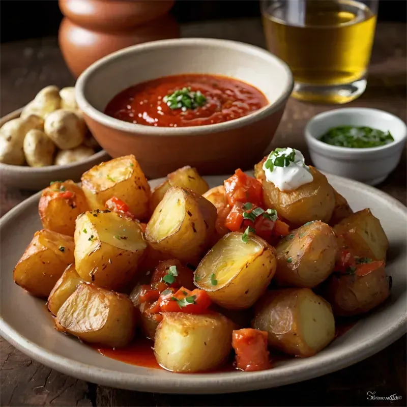 Gebratene Kartoffeln mit Tomatensoße und Aioli, serviert auf einem Teller mit verschiedenen Dips und einem Getränk.