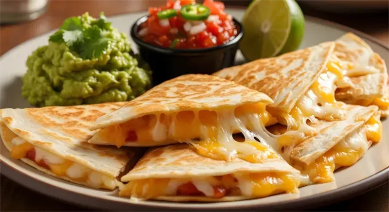Quesadillas mit geschmolzenem Käse, Guacamole, Salsa und Limette.