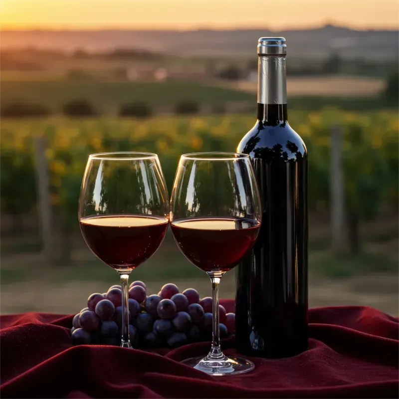 Zwei Gläser Rotwein und eine Flasche auf einer roten Tischdecke mit Trauben, im Hintergrund ein Weinberg.