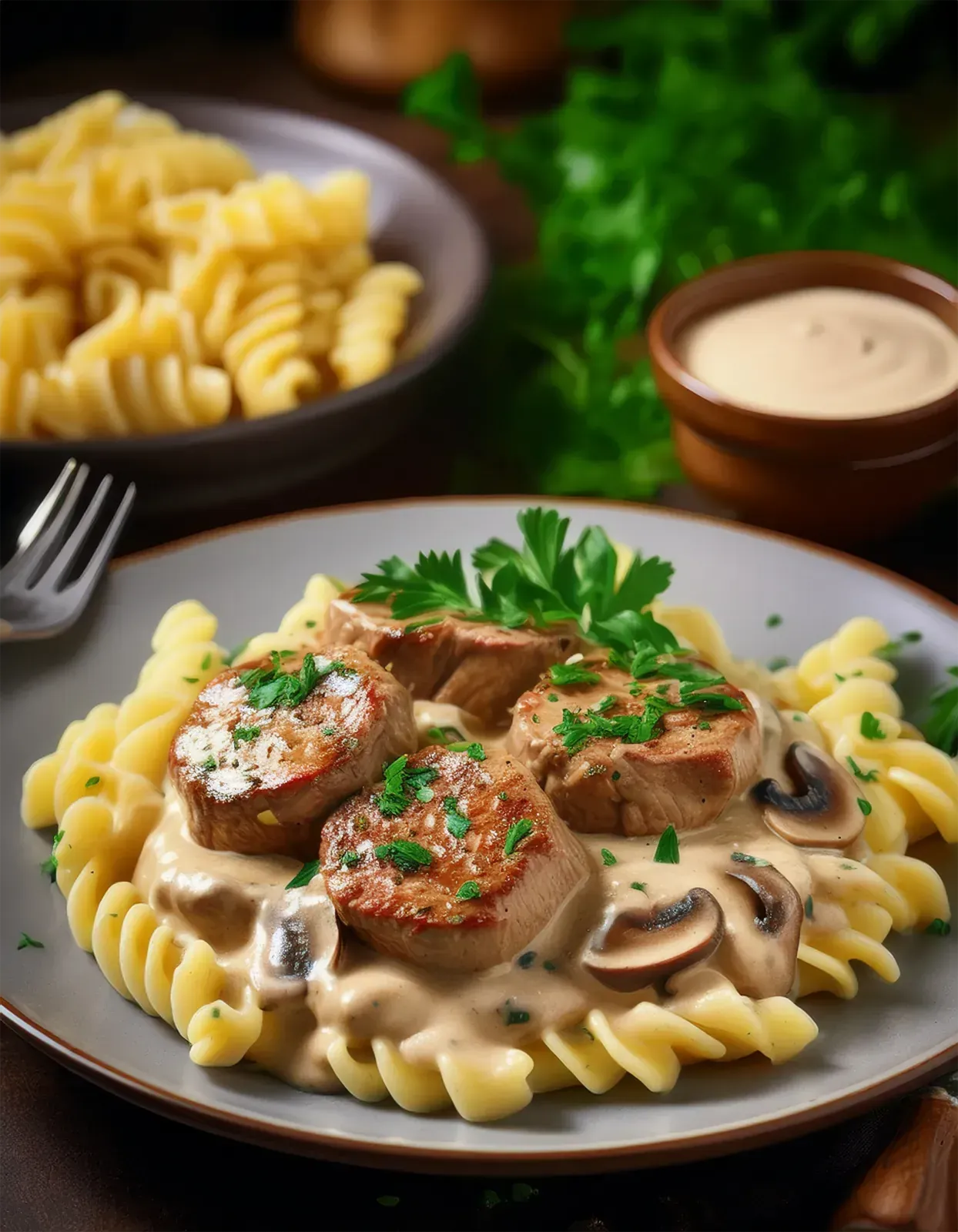 Pastagericht: Schweinemedaillons mit cremiger Pilzsoße, serviert auf Rotini-Nudeln, dazu Nudeln und Soße als Beilage.